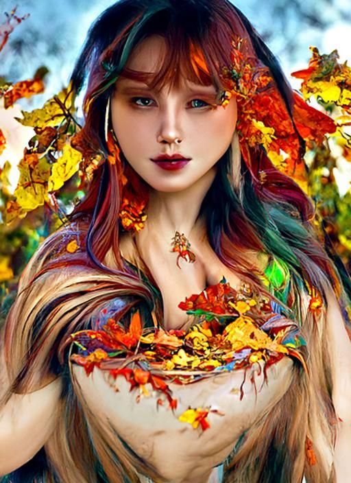 Enchanted Autumn Goddess Portrait in Art Nouveau Style