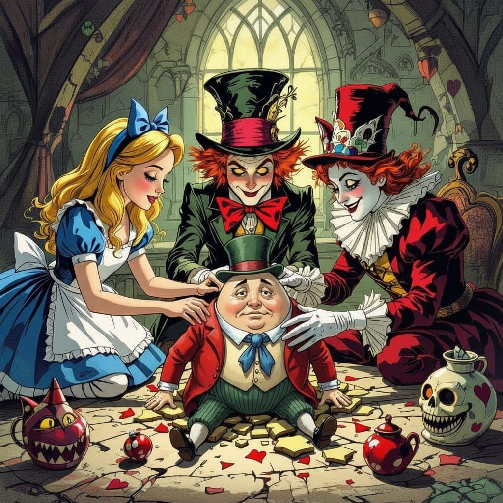 Alice in Wonderland Characters Reassemble Humpty Dumpty