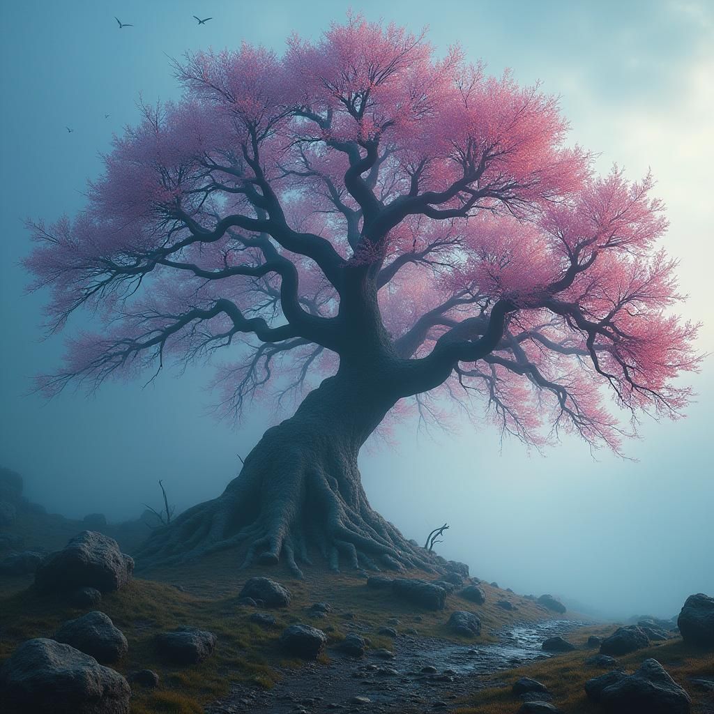 Ethereal Tree with Iridescent Bark in Dreamy Landscape