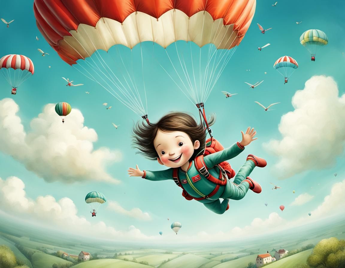 Joyful Skydiver Floating Above Earth: Whimsical Illustration