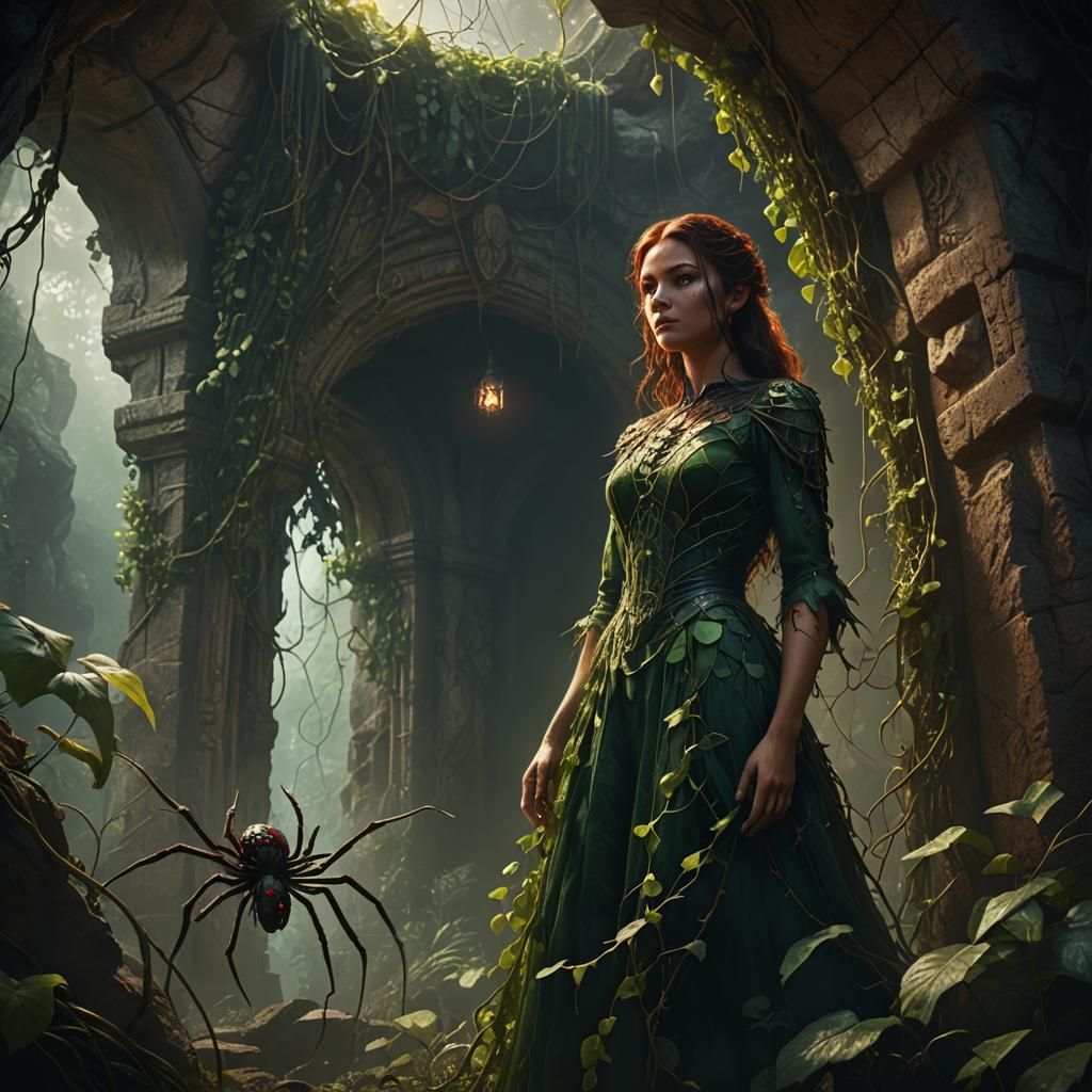 Fantasy Art: Girl Imprisoned with Spider in Cave