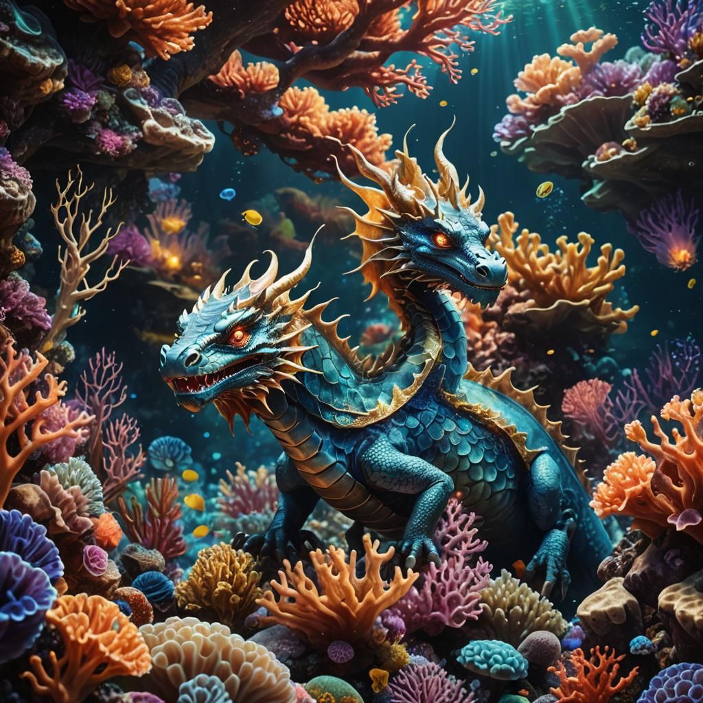 Majestic Dragon in Coral Reef: Hyperrealistic Digital Art