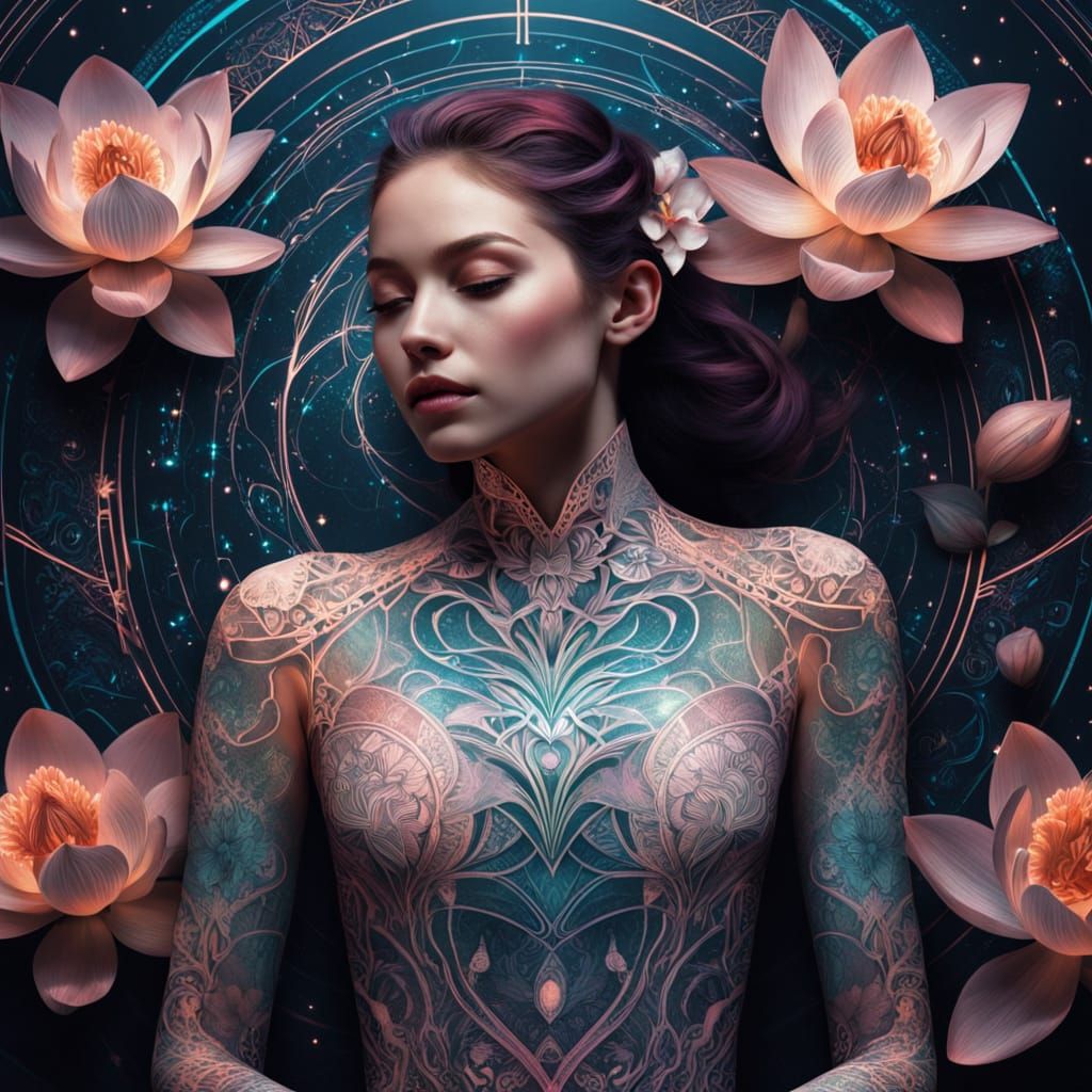 Cosmic Woman with Lotus Flowers: Digital Matte Painting