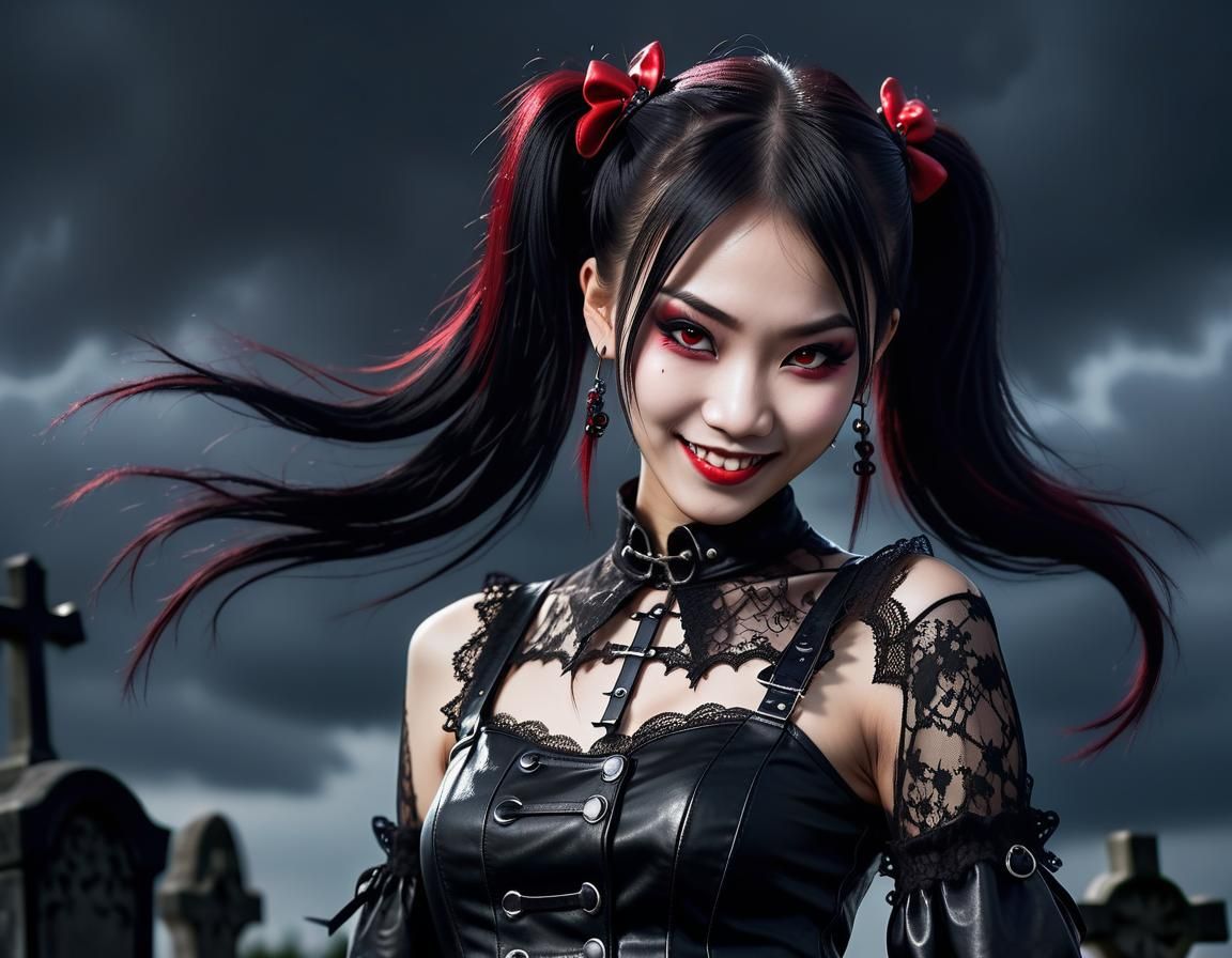 Cute Punk Vampire Dances in Gothic Cemetery