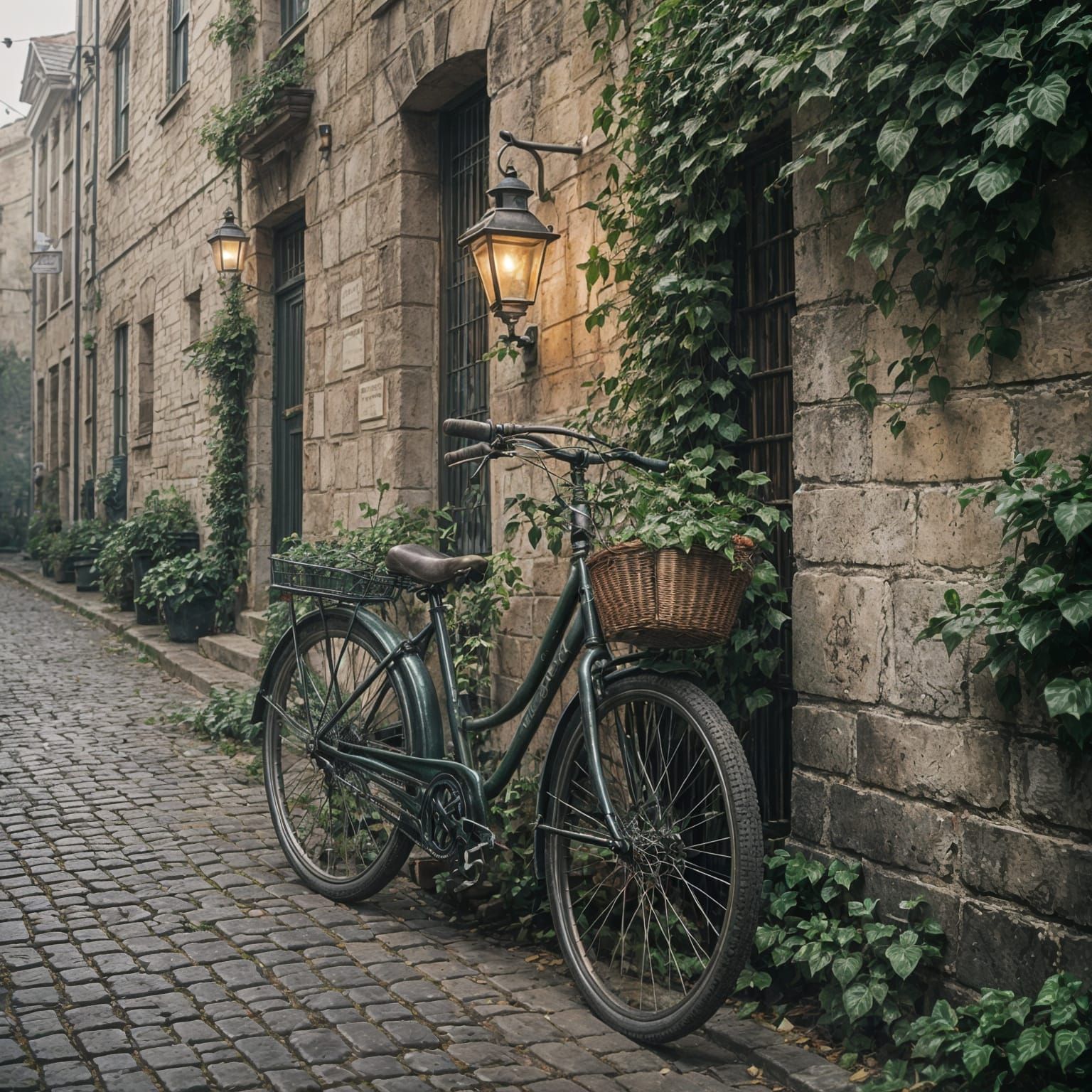 Foggy Cobblestone Street With Gas Lamps