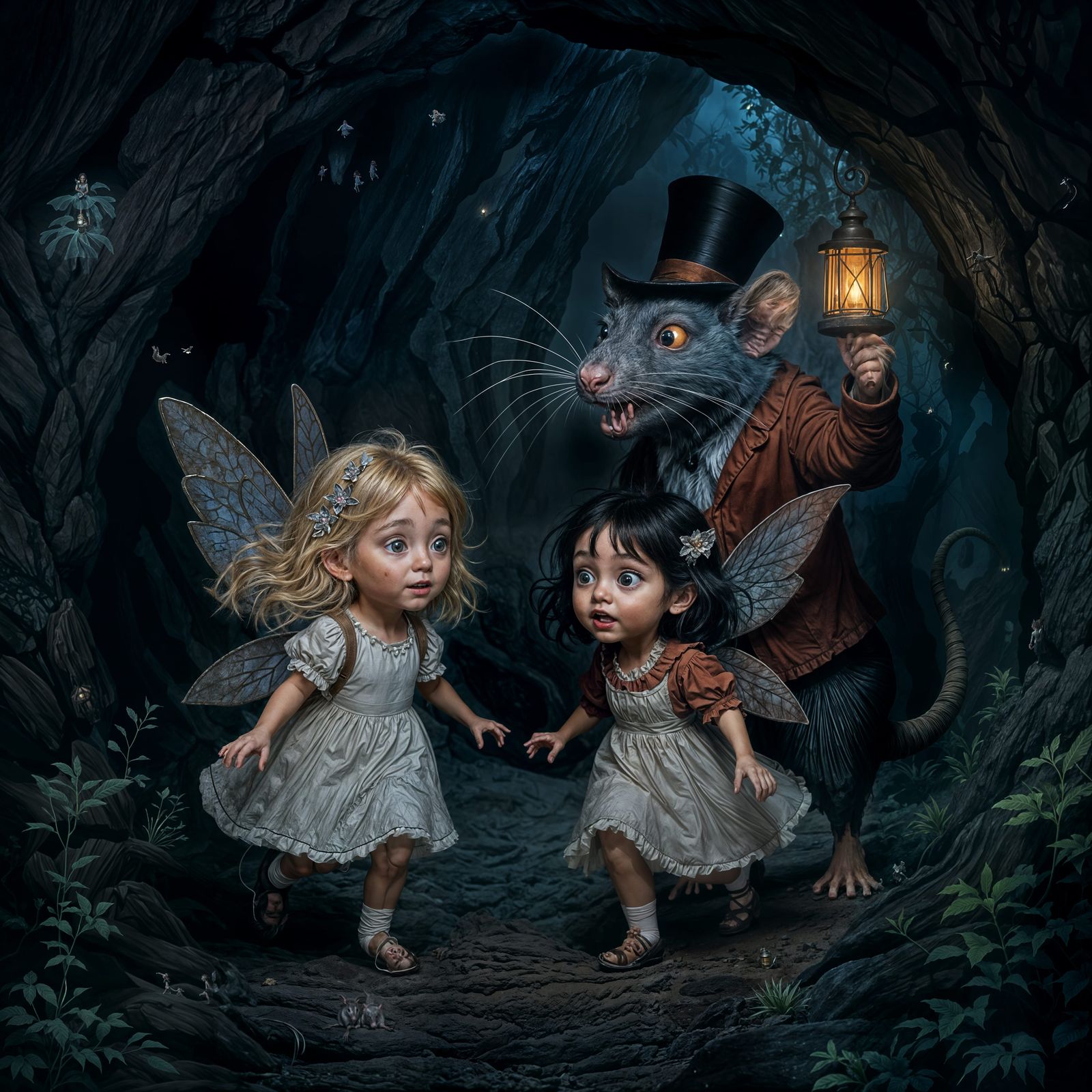 Fairies Evade Giant Rat in Shadowy Cave