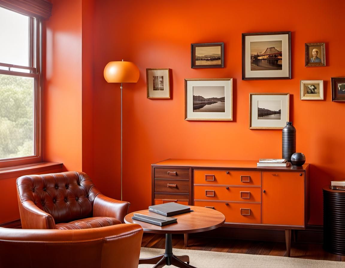 Vintage 1960s Office Interior with Orange Decor