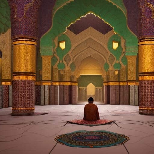 Inside Mosque With Praying People: Detailed Matte Painting