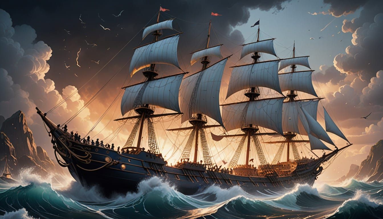 Young Sailors Cling to Mast in Whimsical Cartoon Storm