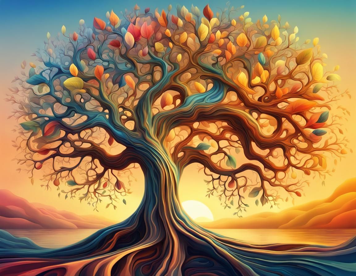 Magical Summer Tree with Colorful Leaves, Surreal Oil