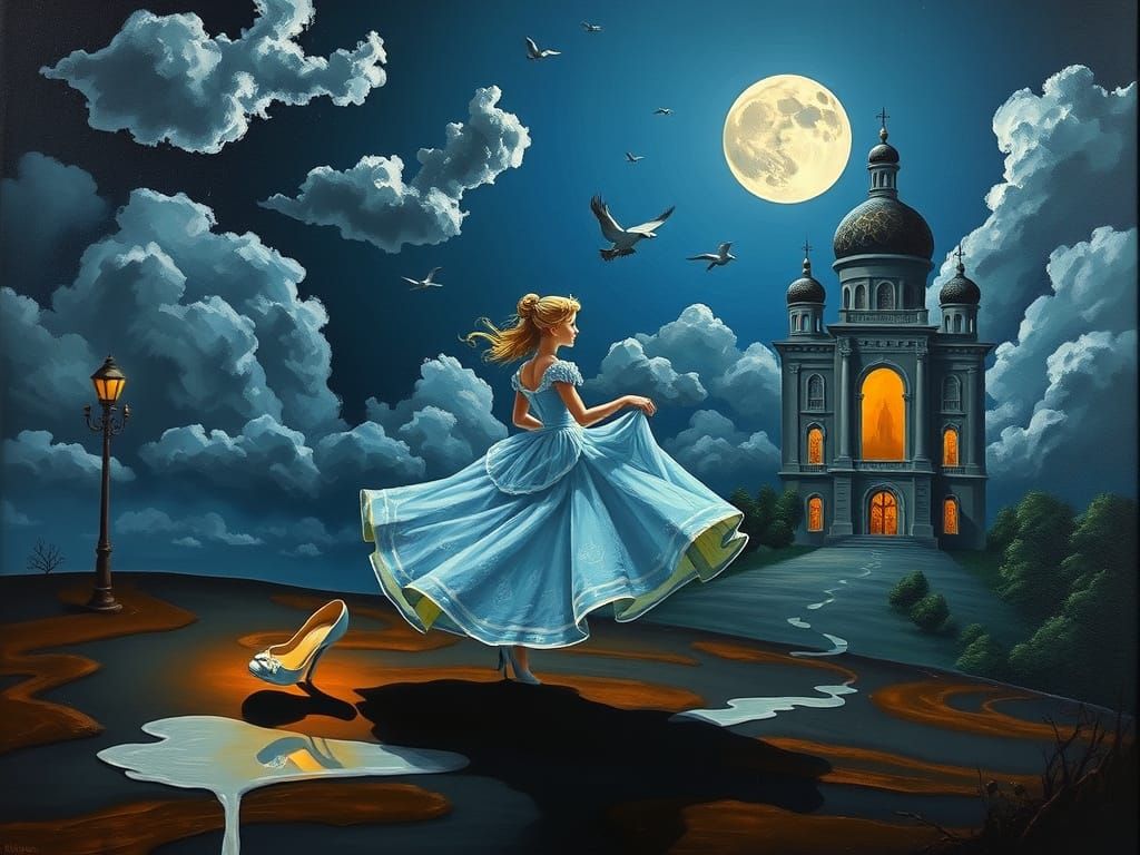 Cinderella's Flight: A Surrealist Vision as Oily Painting