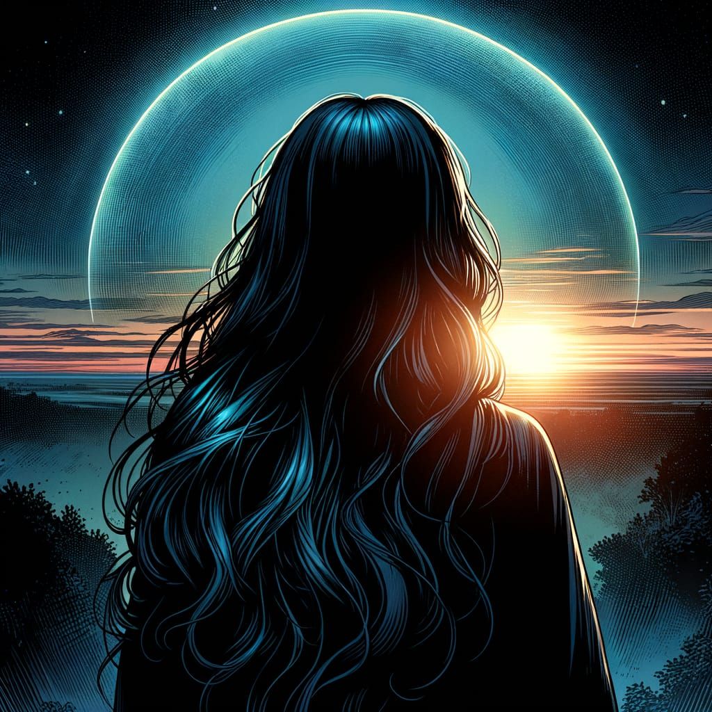 Woman with Blue Aura Observes Sunset in Comic Art