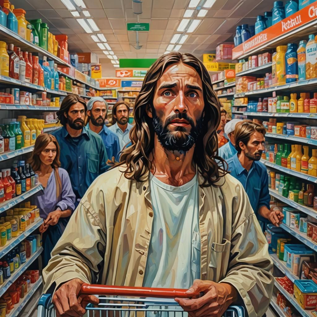 Jesus Shoplifting in Supermarket: Neo-Impressionist Painting