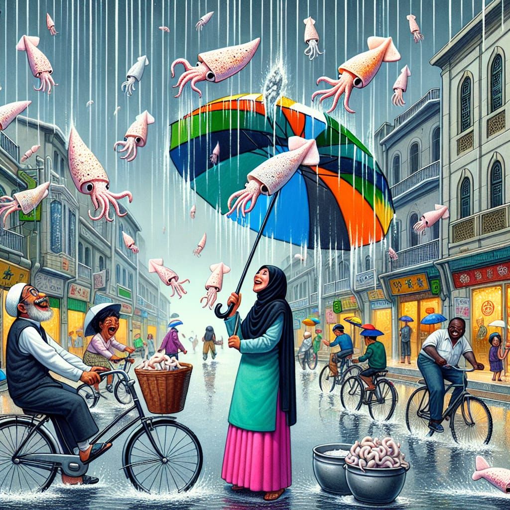 Salt and Pepper Squid Rainfall Scene in Whimsical City