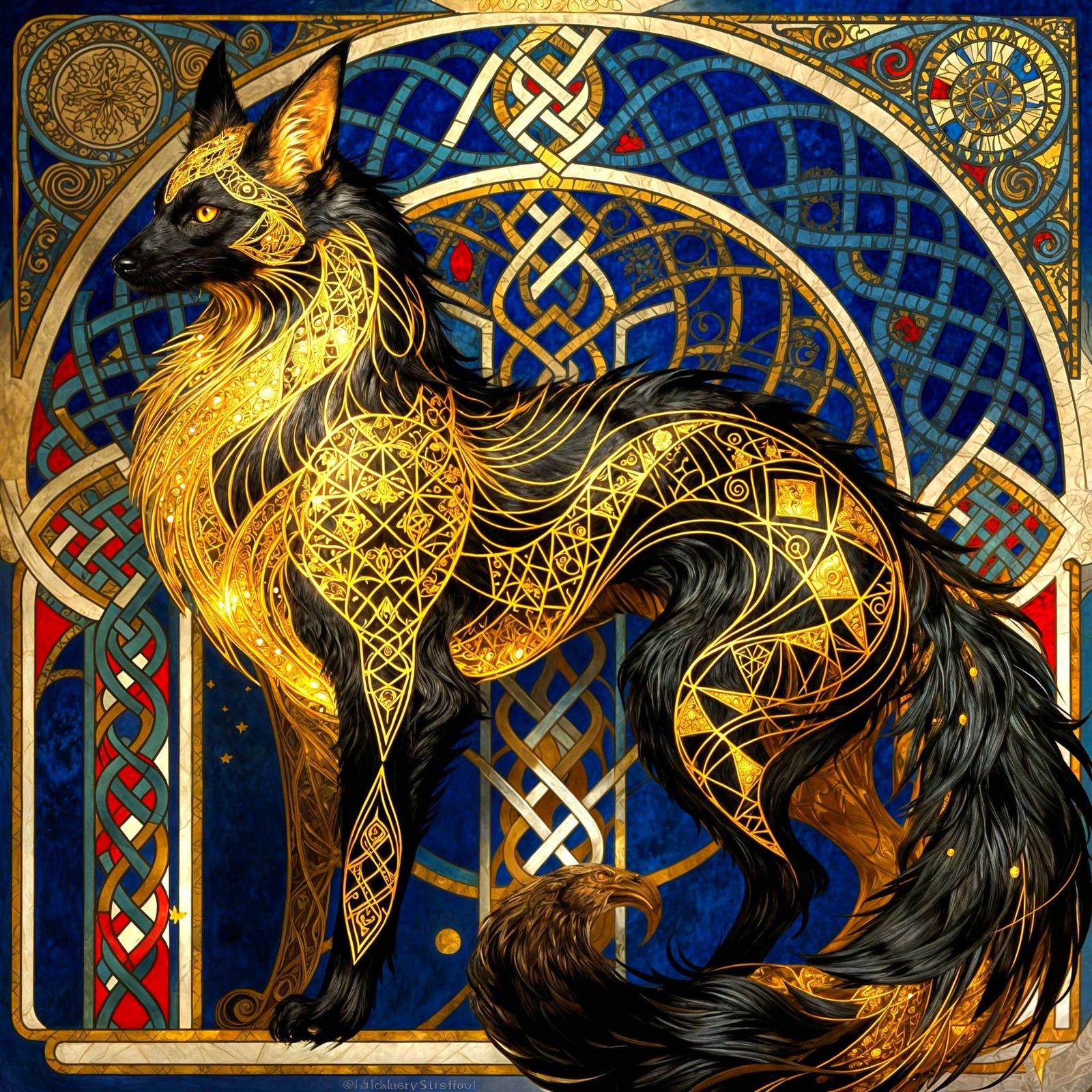 Whimsical Art Nouveau Creature in Golden Black Fur