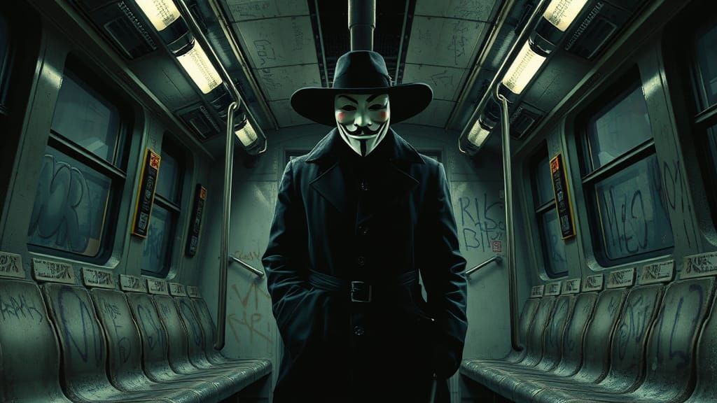 V for Vendetta in Dystopian Metro: Graphic Novel Style