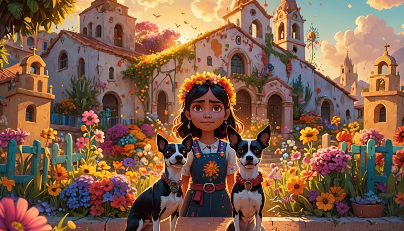 Dia de Muertos Girl in Mexican Village, Pixar Style