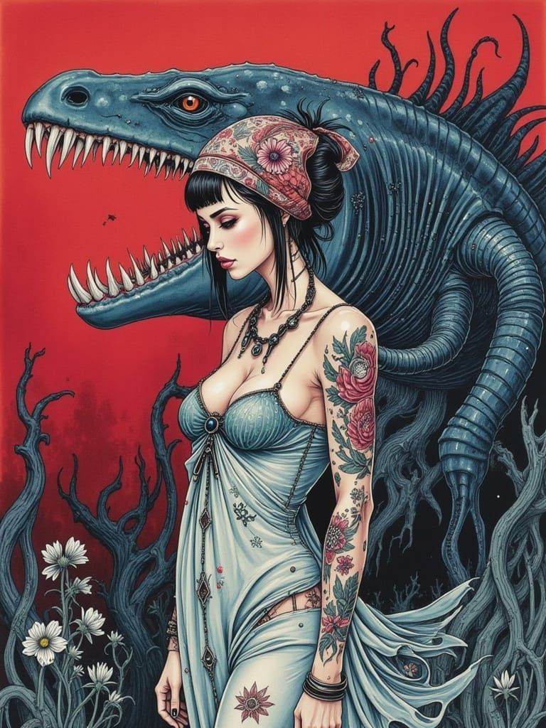 Pinup Woman With Megalodon In Limited Palette