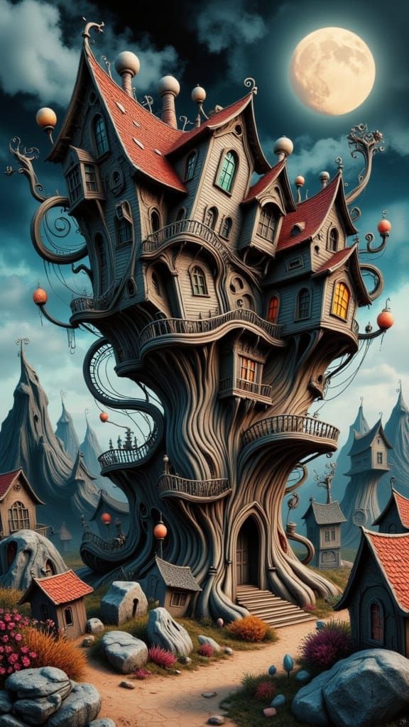 Cosmic Dreamscapes: Surreal Wonky Houses in a Noir-Inspired ...