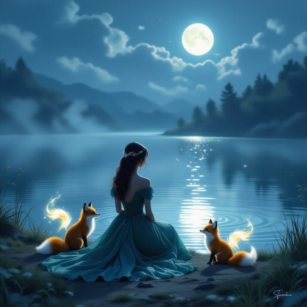 Ethereal Girl with Fox Spirits by Moonlit Lake