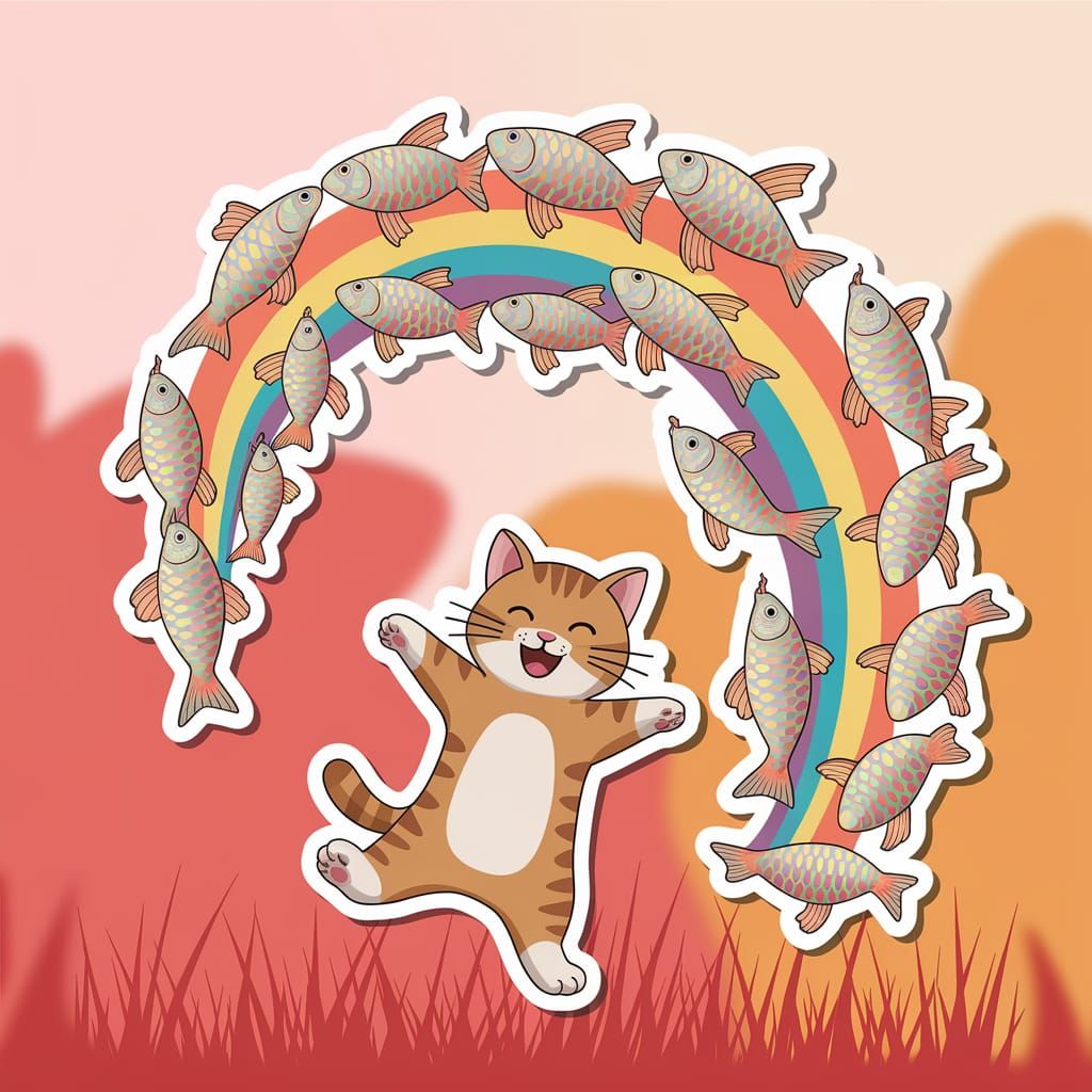Whimsical Cat Dances Under Fish Rainbow
