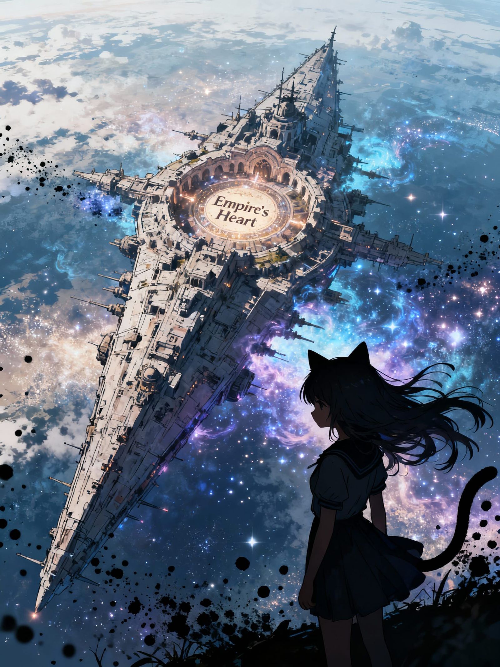Fantasy Space Battleship with Cat Girl in Anime Art Style