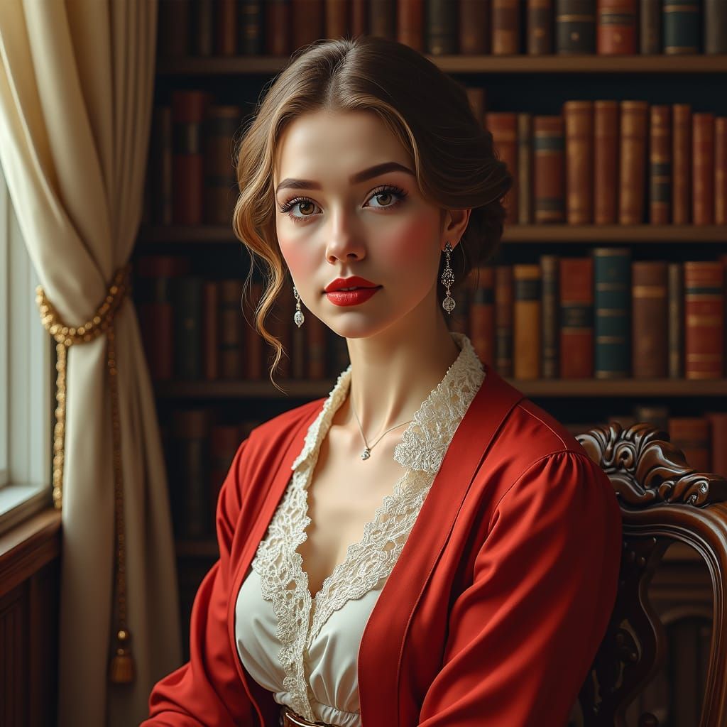 Elegant Woman in Library, Classical Oil Painting