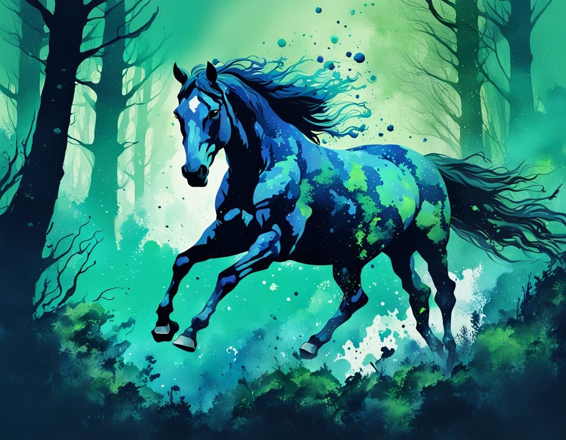 Ink Splatter Horse Running Through Mystical Forest
