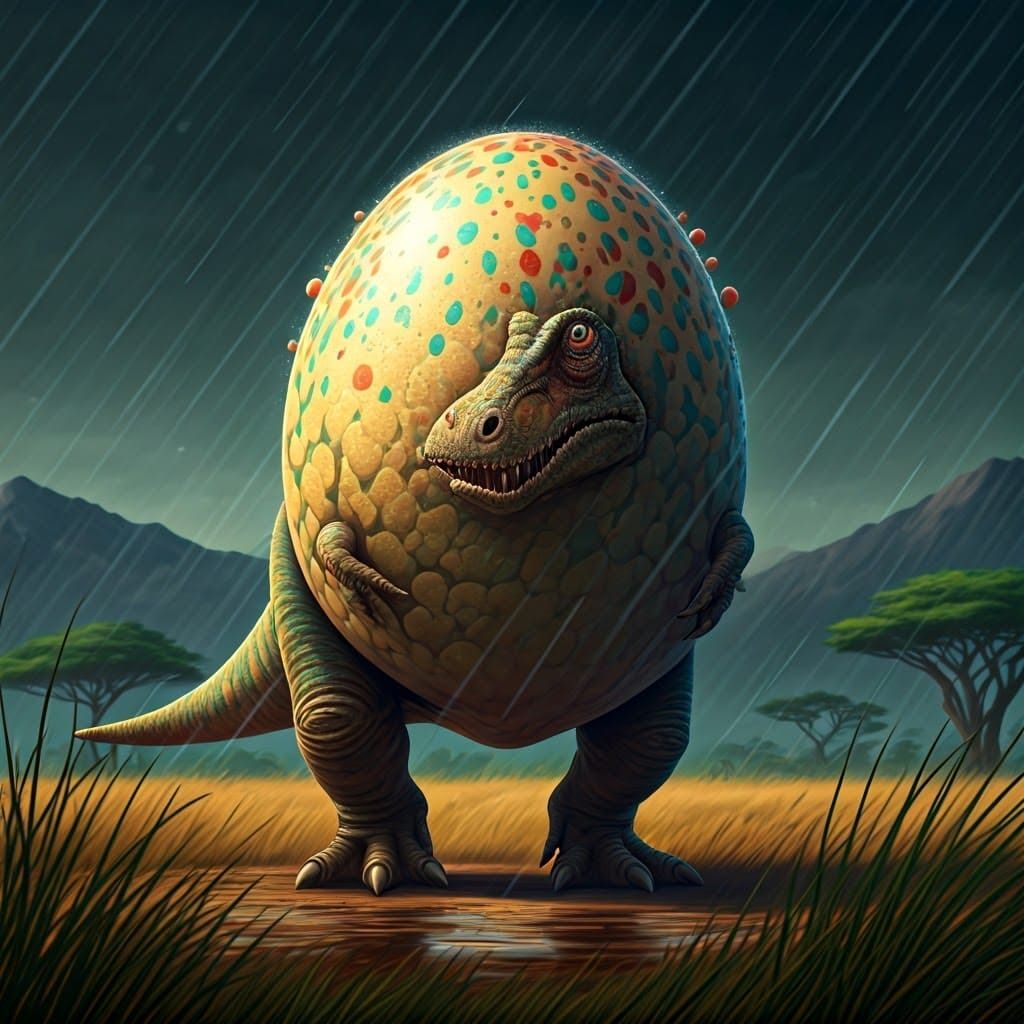 A Furious, Colorful Egg-laying Dinosaur Strolls on the Rainy...