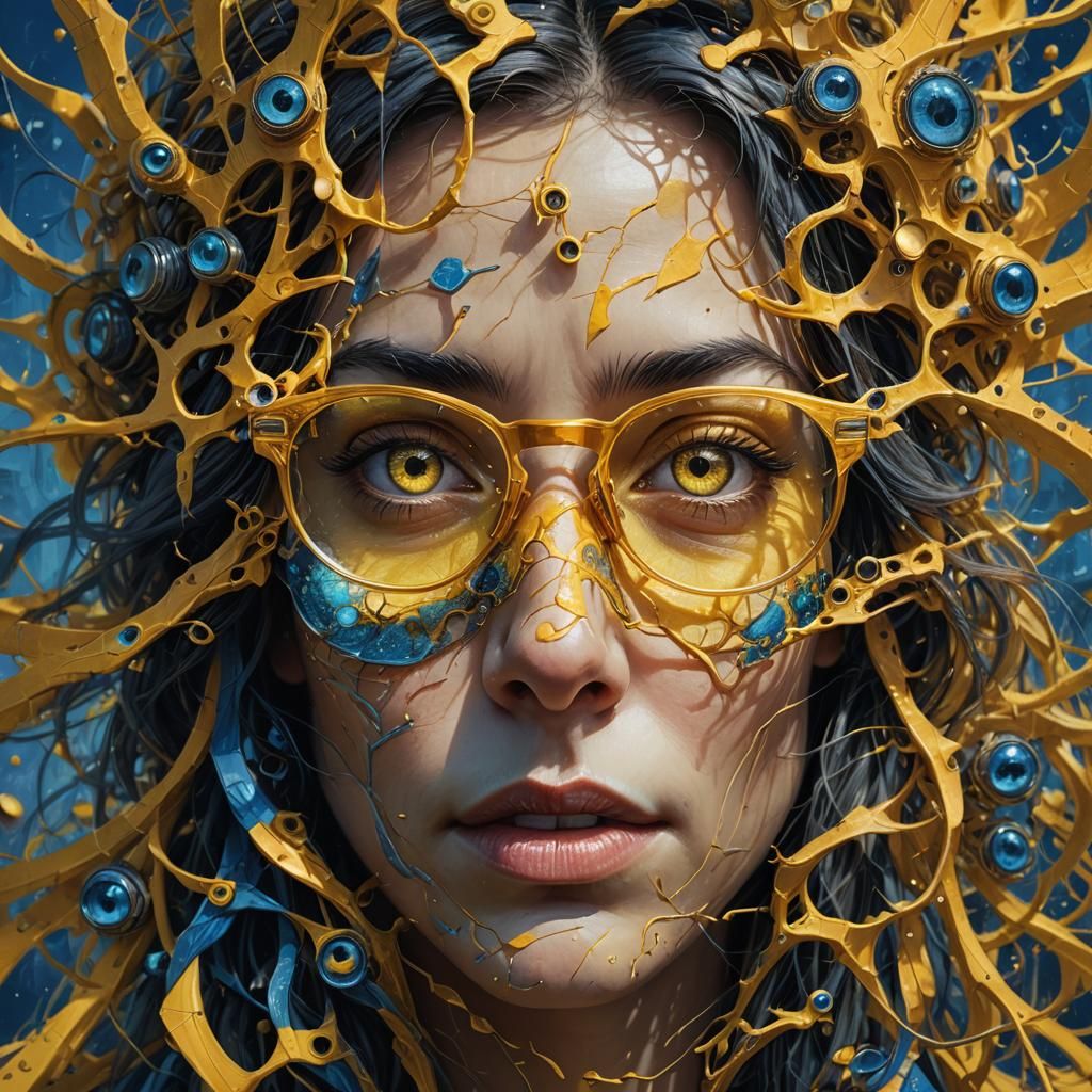 Hyper-Realistic Portrait of a Woman in Yellow Glasses with P...