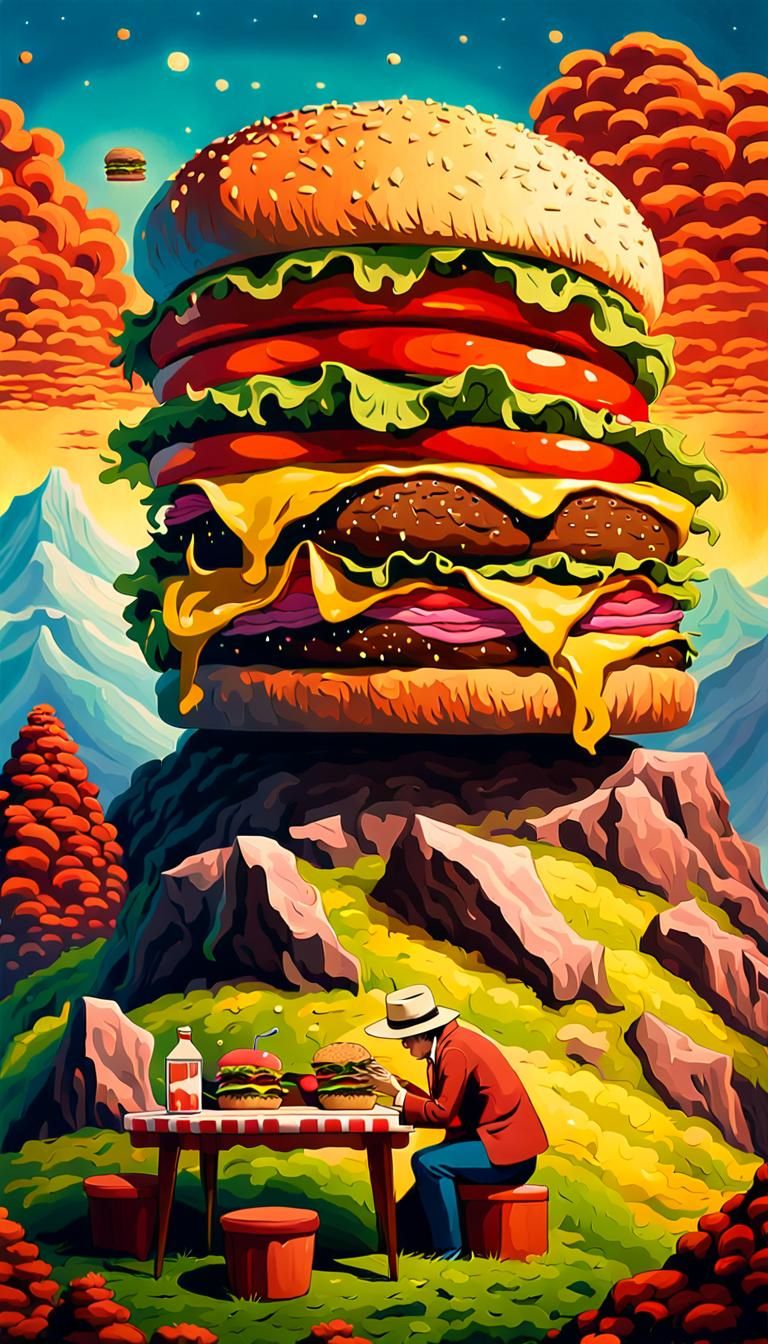 Colossal Hamburger Picnic in Surrealist Style
