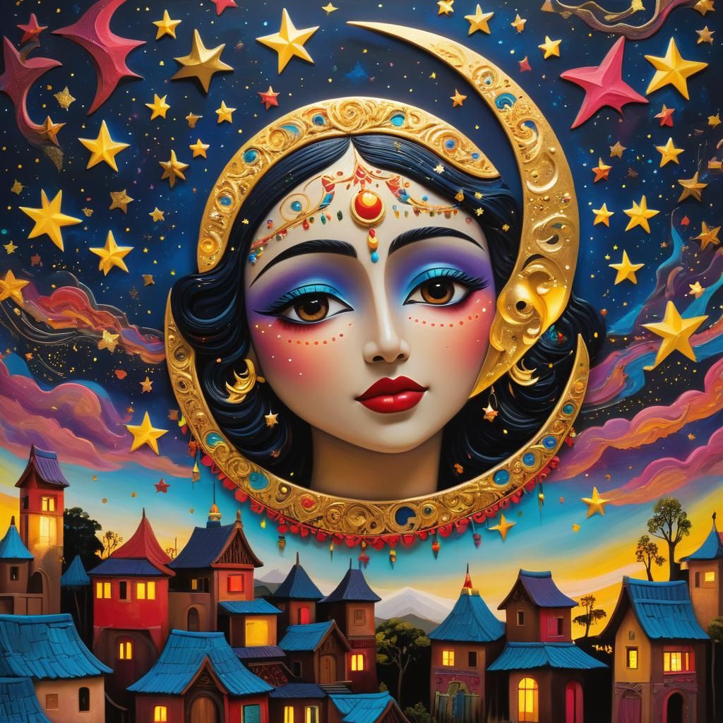 a stylized crescent moon with a female face, influenced by a...