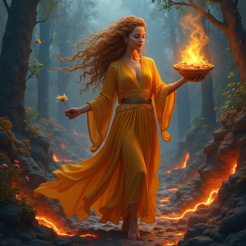 Goddess of Fire, Food, and Friendship in Vibrant, Dreamlike....