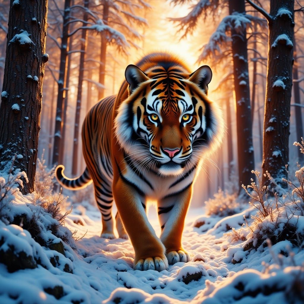 Siberian Tiger Dominates Snowy Forest in Hyper Realistic Sun...