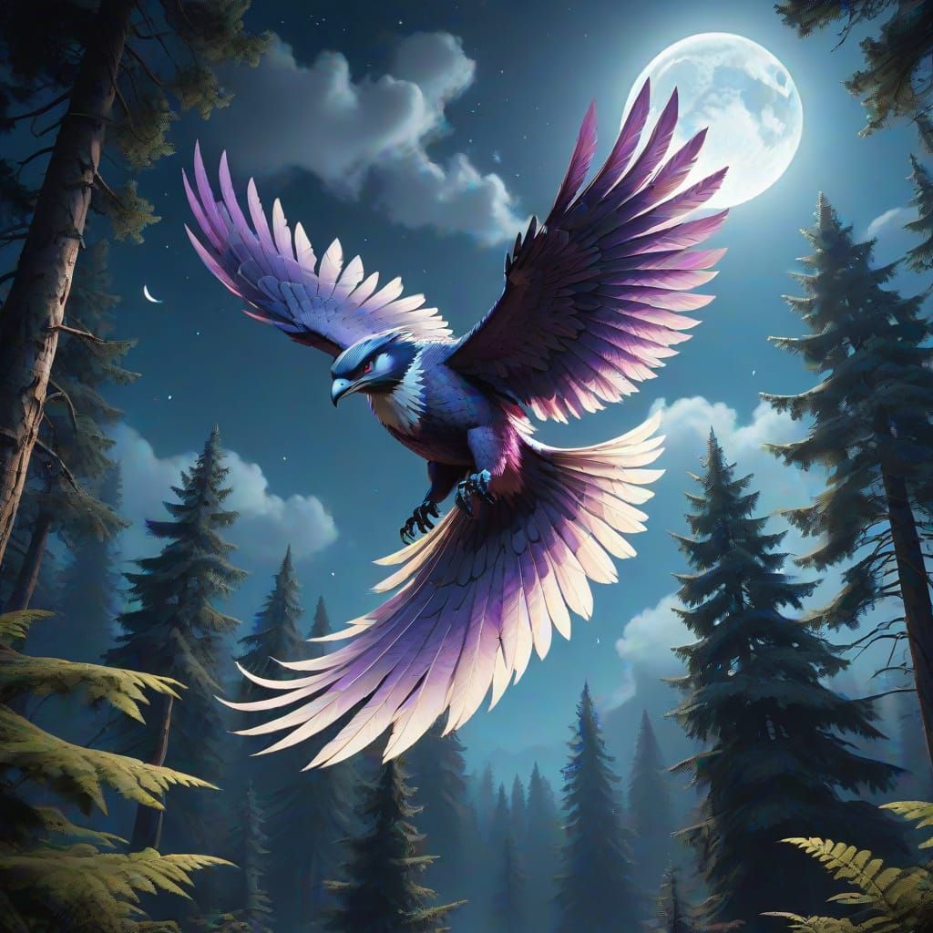 Giant Thunderbird Soars Over Oregon Forest under Full Moon
