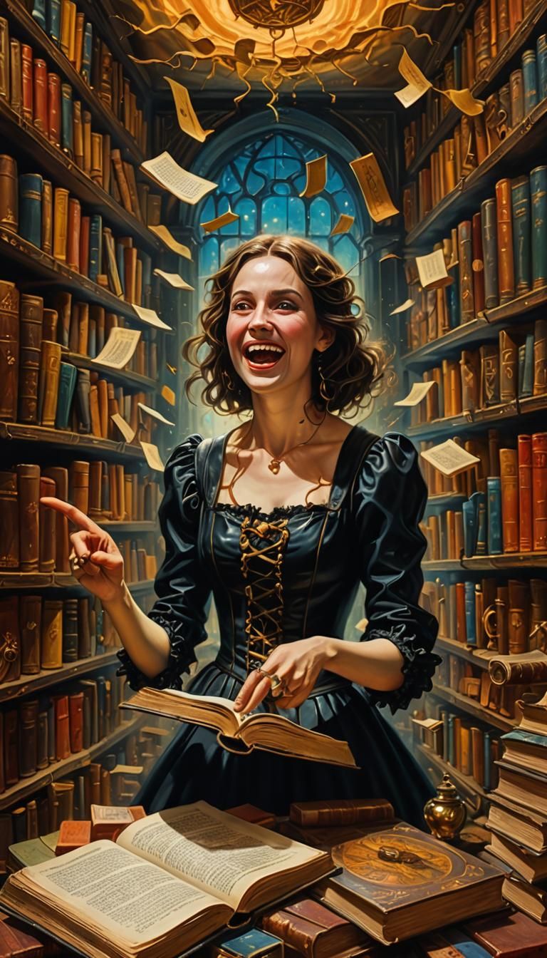 Surreal Woman Points to Books of Madness