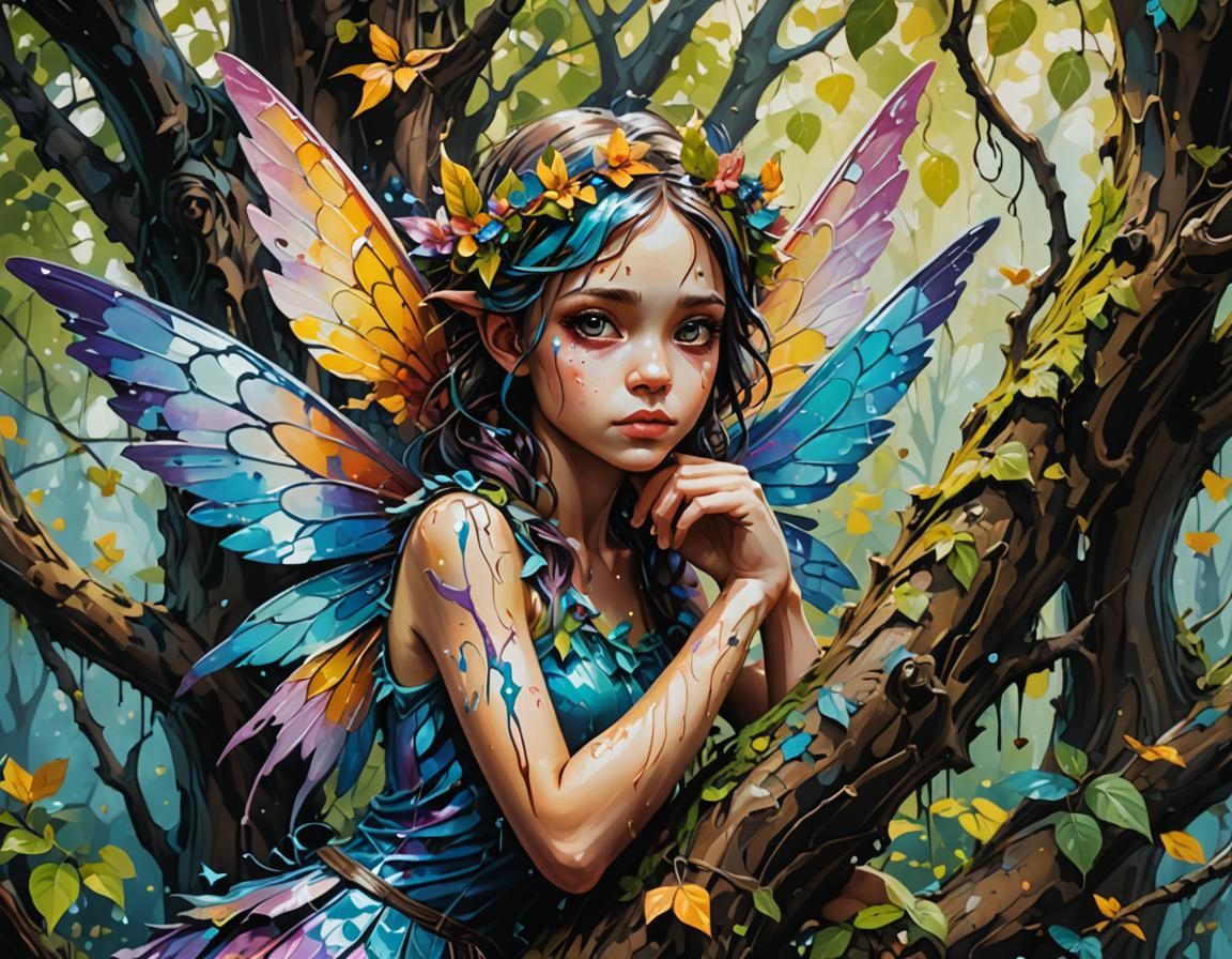 Beautiful Fairy Hiding in Tree, in Street Art Style