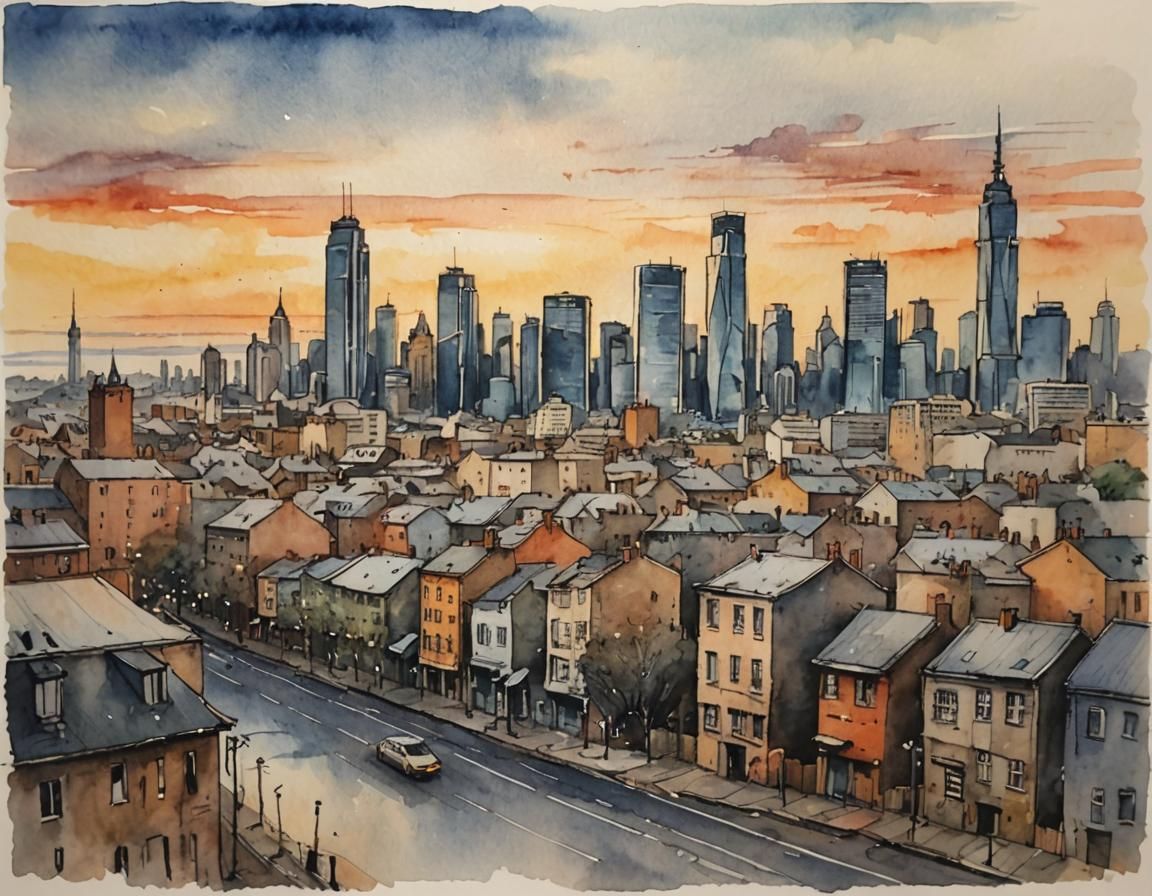 Cityscape Sunset in Fineliner and Watercolour