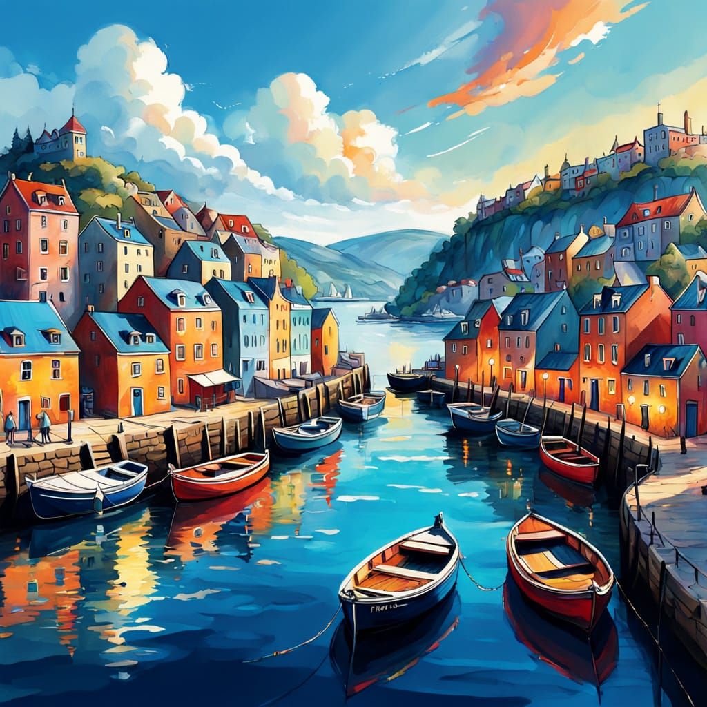 Vibrant Harbour Scene in Whimsical Ink Illustration