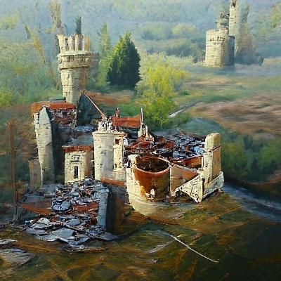Detailed Oil Painting of Abandoned Medieval Castle