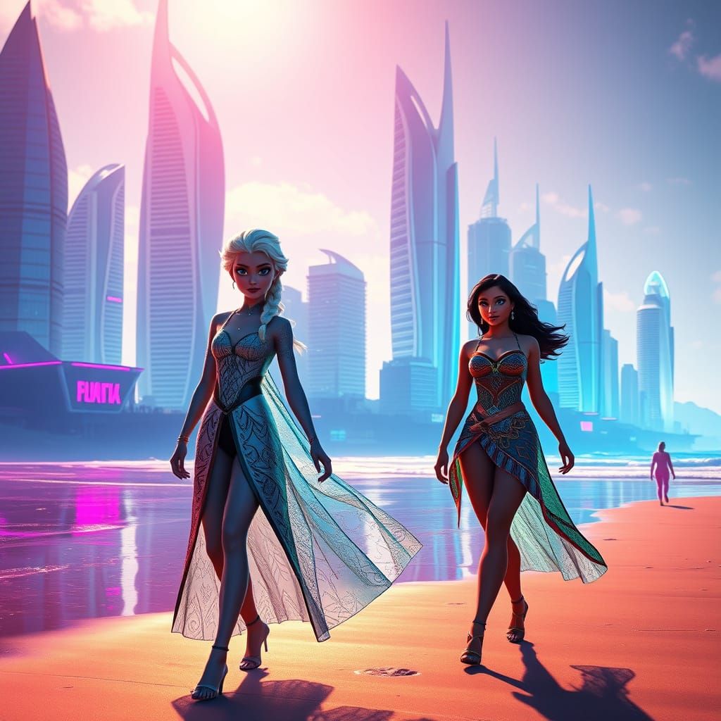 Elsa and Moana on Neon Beach in Cyberpunk Style