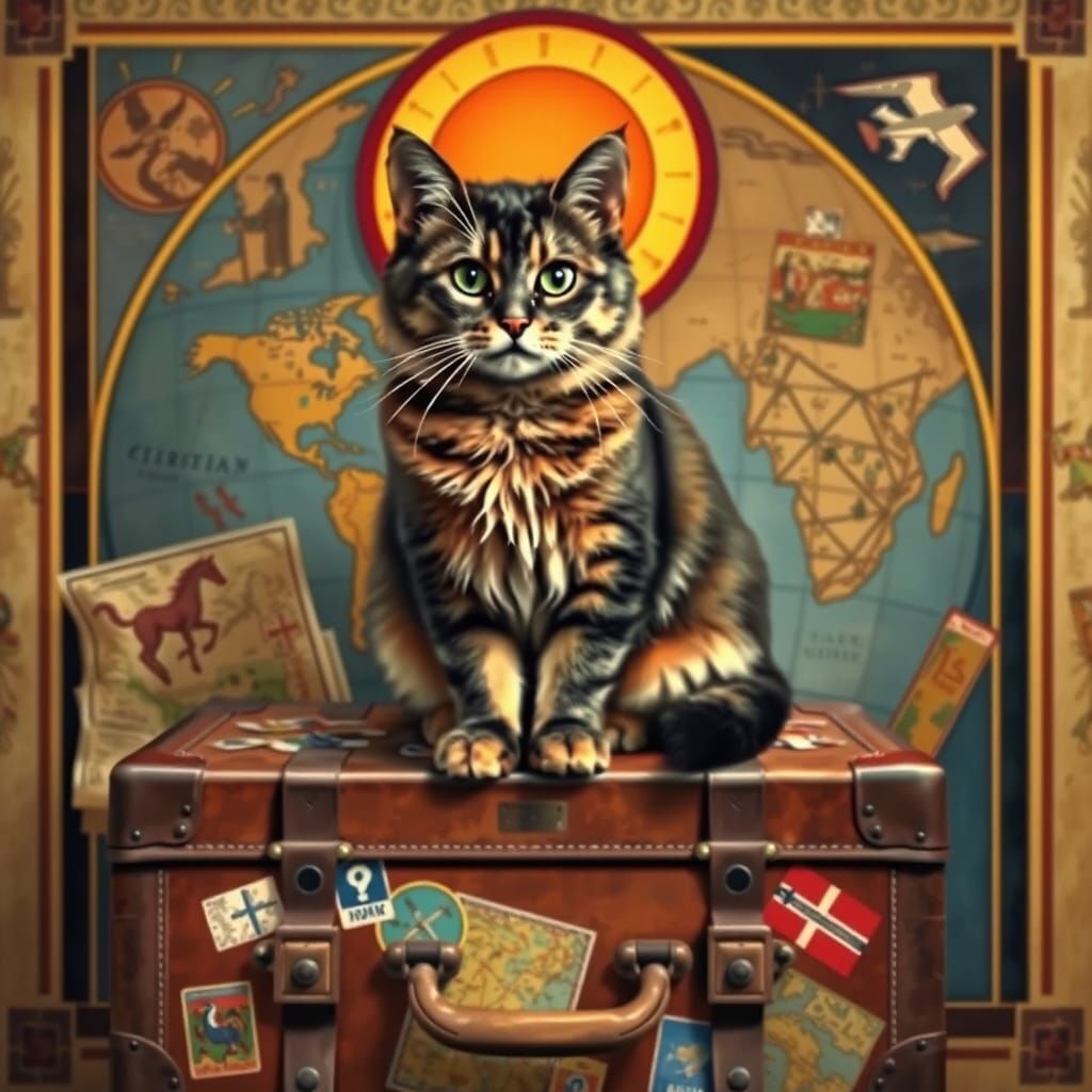 Art Deco Cat Ready for Adventure