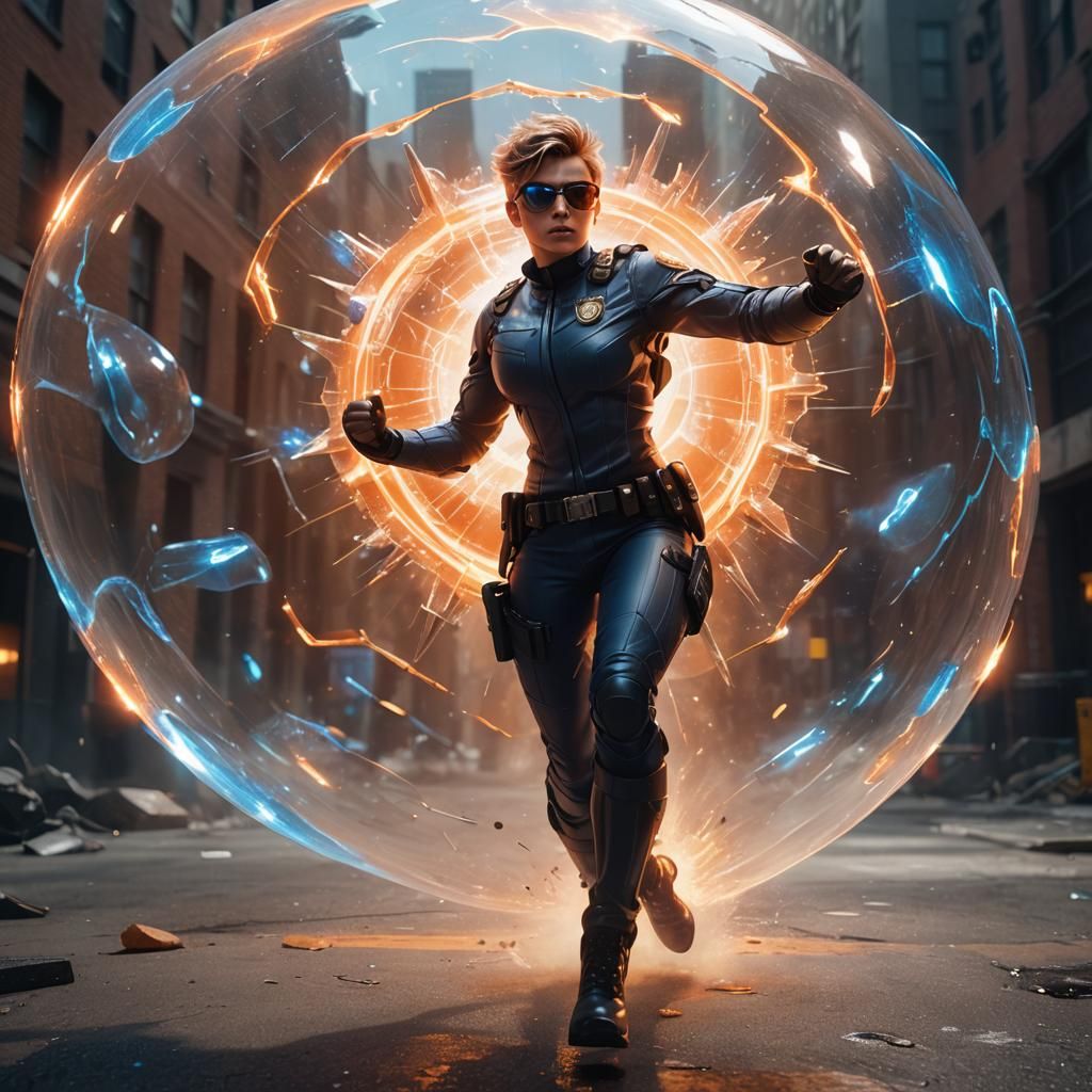 Superhero Cop with Energy Shield in Cinematic Style