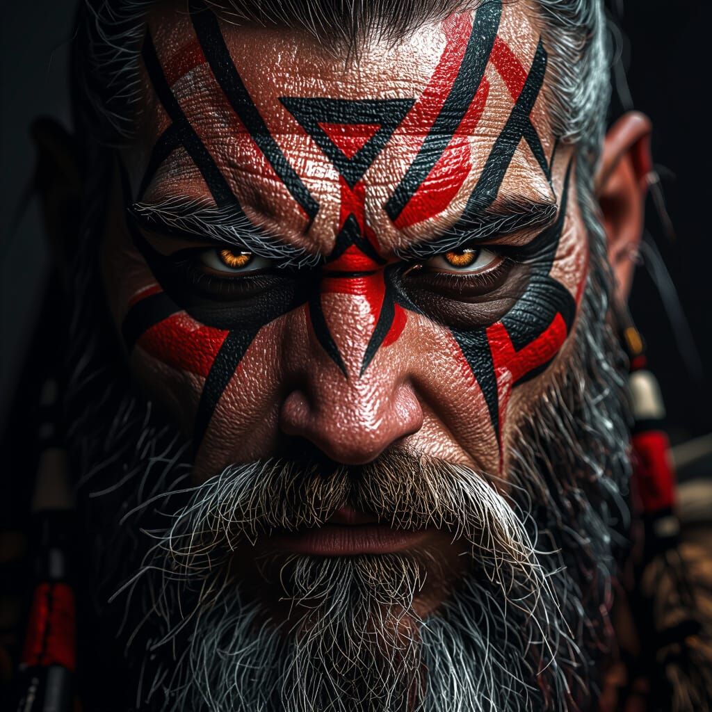 Intense Warrior Face with Tribal War Paint in 8K