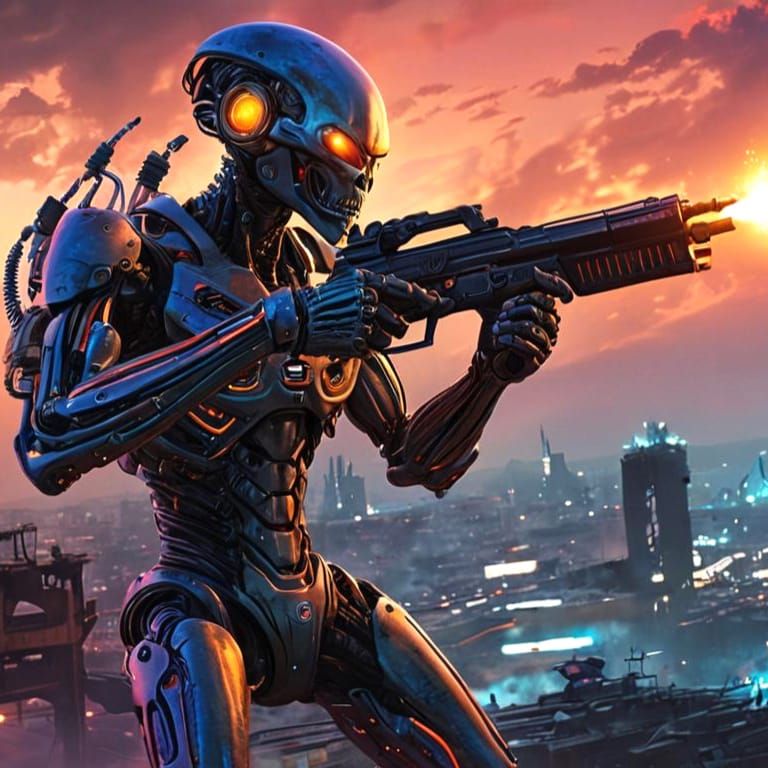 Retrofuturistic Cyborg Battles Alien Landscape