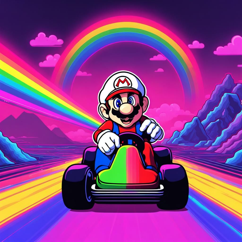 Synthwave Neon Rainbow Road: A Retro Kart Dream