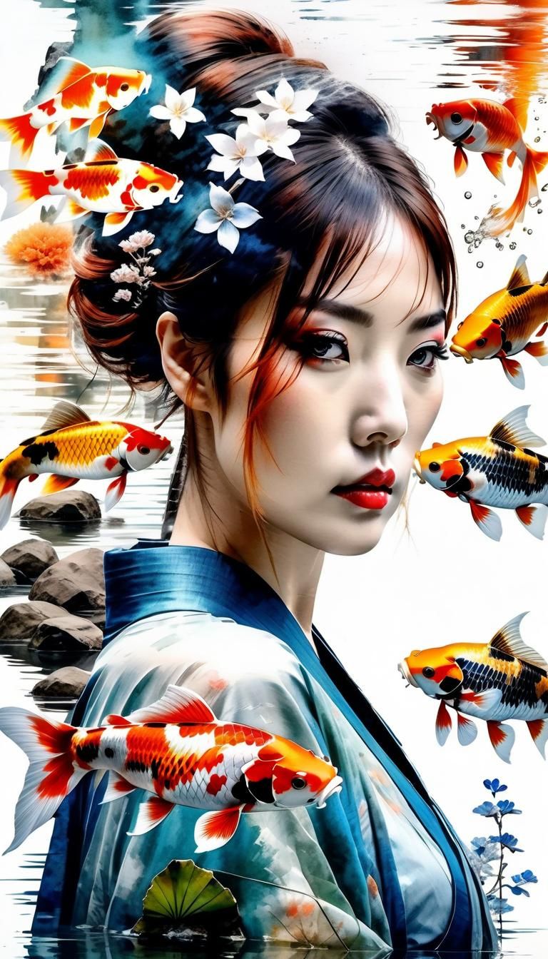 Japanese Koi Kimono Double Exposure Watercolor