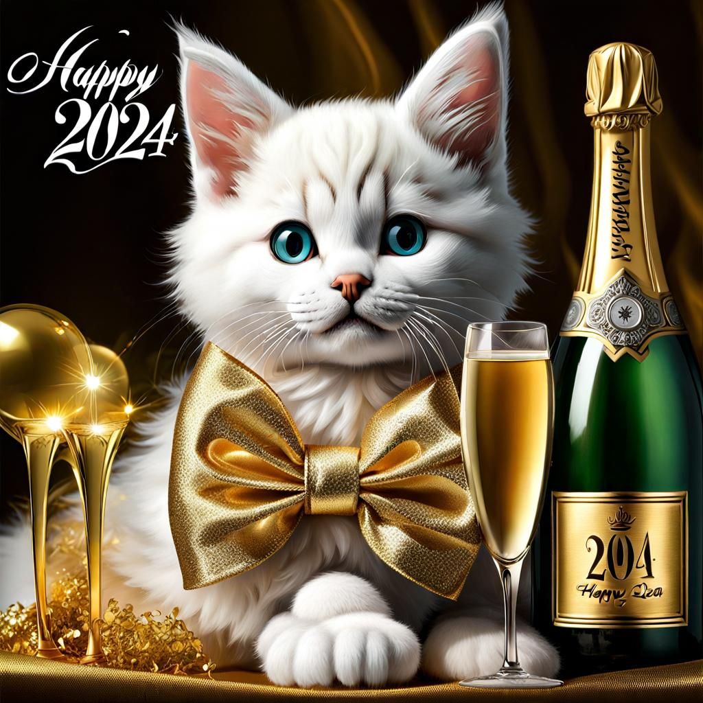 Festive Kitten Celebrates New Year in Art Nouveau Style