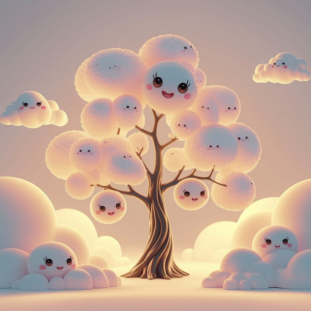 Kawaii Kidcore Tree with Marshmallow Clouds