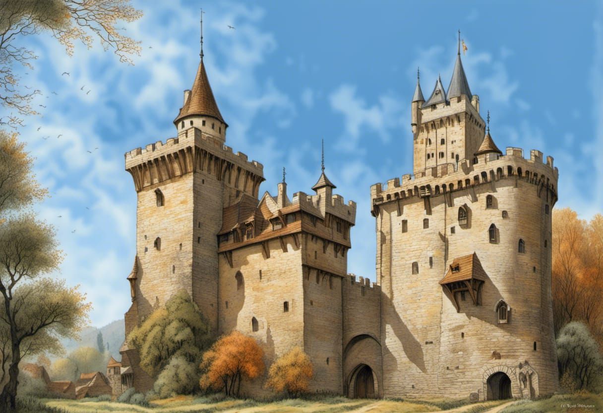 Medieval Castle with Willow Trees in Autumn Landscape